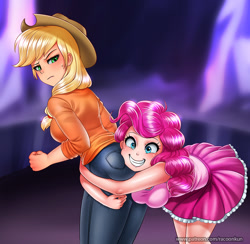 Size: 1000x977 | Tagged: safe, artist:racoonsan, character:applejack, character:pinkie pie, species:human, episode:shadow play, g4, my little pony: friendship is magic, applebutt, applejack is not amused, applejack's hat, ass, blushing, breasts, butt touch, butthug, clothing, cowboy hat, faceful of ass, female, frown, grin, hat, hug, humanized, pants, pinkie hugging applejack's butt, scene interpretation, skirt, smiling, stetson, unamused