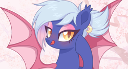 Size: 1919x1040 | Tagged: safe, artist:hawthornss, oc, oc only, oc:moon sugar, species:bat pony, species:pony, bat pony oc, bedroom eyes, blushing, bust, cherry blossoms, cute, eyeshadow, female, flower, flower blossom, licking, licking lips, looking at you, makeup, mare, raised hoof, solo, tongue out, wallpaper