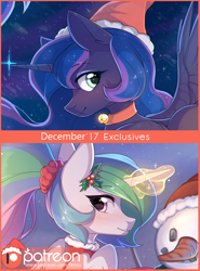 Size: 2082x2809 | Tagged: safe, artist:fensu-san, character:princess celestia, character:princess luna, species:alicorn, species:pony, bell, bell collar, cat bell, christmas, clothing, collar, female, glowing horn, hat, holiday, holly, looking back, mare, patreon, patreon logo, patreon preview, paywall content, royal sisters, santa hat, smiling, snowman