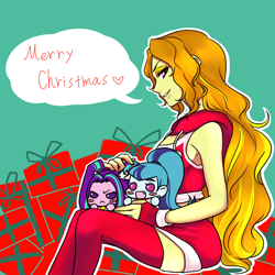 Size: 1000x1000 | Tagged: safe, artist:raika0306, character:adagio dazzle, character:aria blaze, character:sonata dusk, my little pony:equestria girls, blush sticker, blushing, chibi, christmas, clothing, costume, dialogue, hearth's warming, holiday, looking at you, open mouth, present, santa costume, speech bubble, the dazzlings