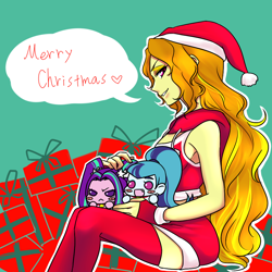 Size: 1000x1000 | Tagged: safe, artist:raika0306, character:adagio dazzle, character:aria blaze, character:sonata dusk, my little pony:equestria girls, blush sticker, blushing, chibi, christmas, clothing, costume, cute, dialogue, hat, hearth's warming, holiday, looking at you, open mouth, santa costume, sitting, speech bubble, the dazzlings
