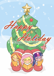 Size: 1000x1414 | Tagged: safe, artist:howxu, character:fluttershy, character:sunset shimmer, character:twilight sparkle, my little pony:equestria girls, blushing, caroling, christmas, christmas tree, clothing, cute, eyes closed, holiday, howxu is trying to murder us, shimmerbetes, shyabetes, snow, tree, trio, twiabetes, winter