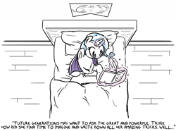 Size: 750x557 | Tagged: safe, artist:foudubulbe, character:maud pie, character:trixie, species:earth pony, species:pony, species:unicorn, comic:damp rocks, ship:mauxie, bed, book, comic, cuddling, cute, eyes closed, female, lesbian, magic, mare, reading, shipping, sleeping, suggestive series, telekinesis