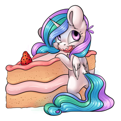 Size: 3531x3538 | Tagged: safe, artist:cutepencilcase, character:princess celestia, species:alicorn, species:pony, cake, cakelestia, chibi, cute, cutelestia, faec, female, food, high res, looking back, mare, messy eating, micro, missing cutie mark, simple background, smiling, solo, tiny ponies, transparent background