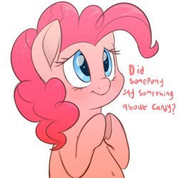 Size: 2000x2000 | Tagged: safe, artist:fluffyxai, character:pinkie pie, species:earth pony, species:pony, :t, belly button, chubby, cute, dialogue, diapinkes, female, mare, simple background, smiling, solo, speech, underhoof, white background