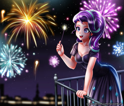 Size: 1300x1110 | Tagged: safe, artist:racoonsan, character:starlight glimmer, species:human, balcony, breasts, building, city, cleavage, clothing, cute, dress, female, fireworks, glimmerbetes, happy, happy new year 2018, horn, horned humanization, humanized, long nails, new year, new years eve, night, open mouth, smiling, solo