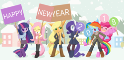 Size: 2463x1200 | Tagged: safe, artist:howxu, character:applejack, character:fluttershy, character:pinkie pie, character:rainbow dash, character:rarity, character:twilight sparkle, species:anthro, boots, building, clothing, cloud, coat, cute, eyes closed, happy new year 2018, jacket, laughing, mane six, new year, pantyhose, shoes, sign, skirt, sky, snow, socks, streetlight, surprised, totally not rarijack, winter