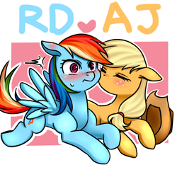 Size: 1000x1000 | Tagged: safe, artist:raika0306, character:applejack, character:rainbow dash, species:earth pony, species:pegasus, species:pony, ship:appledash, abstract background, blushing, clothing, cute, dashabetes, female, floppy ears, hat, heart, jackabetes, kiss on the cheek, kissing, lesbian, mare, prone, shipping, sweat