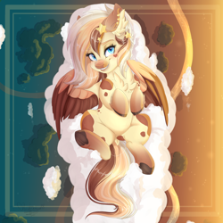Size: 1600x1600 | Tagged: safe, artist:pvrii, oc, oc only, species:pegasus, species:pony, cloud, female, looking at you, mare, smiling, solo