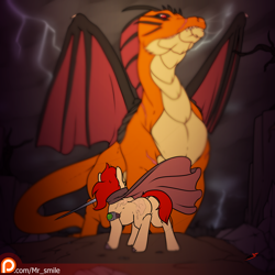 Size: 4000x4000 | Tagged: safe, artist:mr.smile, oc, oc only, oc:vennik, oc:vennik the red, species:dragon, cape, clothing, fight, impending doom, mouth hold, patreon, patreon logo, scar, sword, weapon