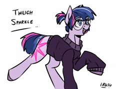 Size: 3500x2500 | Tagged: safe, artist:lrusu, character:twilight sparkle, species:earth pony, species:pony, g5 leak, leak, clothing, cute, earth pony twilight, female, glasses, mare, misspelling, open mouth, raised hoof, raised leg, simple background, smiling, solo, sweater, twiabetes, twilight sparkle (g5), white background