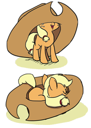 Size: 500x704 | Tagged: safe, artist:foudubulbe, character:applejack, species:earth pony, species:pony, behaving like a cat, blank flank, clothing, cowboy hat, cute, eyes closed, female, filly, filly applejack, foudubulbe is trying to murder us, hat, hnnng, jackabetes, open mouth, oversized clothes, oversized hat, prone, silly, silly pony, simple background, sleeping, smiling, smol, smolpone, stetson, tiny ponies, transparent background, weapons-grade cute, who's a silly pony, younger
