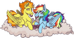 Size: 1882x971 | Tagged: safe, artist:kikirdcz, character:rainbow dash, character:spitfire, species:pegasus, species:pony, ship:spitdash, cloud, ear fluff, female, hooves, lesbian, looking at each other, lying down, lying on a cloud, mare, on a cloud, prone, shipping, simple background, transparent background, wings
