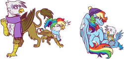 Size: 2050x972 | Tagged: safe, artist:kikirdcz, character:gilda, character:rainbow dash, oc, oc:gren, oc:rainbow feather, parent:gilda, parent:rainbow dash, parents:gildash, species:griffon, species:hippogriff, species:pegasus, species:pony, ship:gildash, clothing, cute, family, female, hat, interspecies, interspecies offspring, lesbian, magical lesbian spawn, male, mother and daughter, mother and son, next generation, offspring, scarf, shipping, snow, snowball, snowball fight, winter