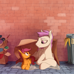 Size: 2000x2000 | Tagged: safe, artist:vistamage, character:princess celestia, character:scootaloo, oc, oc:nopony special, species:pegasus, species:pony, fanfic:home is for the weak, alleyway, brick wall, cardboard box, cobblestone street, crossed hooves, disguise, fanfic, fanfic art, fanfic cover, female, filly, homeless, looking at each other, male, newspaper, pink mane, prone, race swap, rule 63, smiling, stallion, trash can