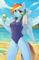 Size: 1527x2355 | Tagged: safe, artist:fensu-san, character:rainbow dash, species:anthro, species:pegasus, g4, arm behind head, armpits, beach, clothing, eyebrows, eyebrows visible through hair, female, looking at you, mare, one-piece swimsuit, stupid sexy rainbow dash, swimsuit, three quarter view, wet mane, wings