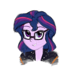 Size: 2560x2560 | Tagged: safe, artist:cybersquirrel, character:twilight sparkle, character:twilight sparkle (scitwi), species:eqg human, my little pony:equestria girls, alternate hairstyle, bust, clothes swap, clothing, colored sketch, glasses, hairstyle swap, implied lesbian, implied scitwishimmer, implied shipping, jacket, leather jacket, simple background, smiling, white background