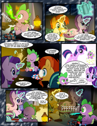 Size: 1275x1650 | Tagged: safe, artist:dsana, character:spike, character:starlight glimmer, character:sunburst, character:trixie, character:twilight sparkle, species:dragon, species:pony, species:unicorn, comic:the shadow shard, baby, baby spike, card game, comic, dialogue, egg, eyes closed, female, filly, filly twilight sparkle, fire, firebreathing, fireplace, gem, glowing horn, lamp, magic, male, mare, prone, semi-grimdark series, speech bubble, spit take, stallion, teapot, younger