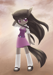 Size: 1000x1407 | Tagged: safe, artist:howxu, character:octavia melody, species:anthro, species:earth pony, belt, bow tie, clothing, cute, equestria girls outfit, female, mare, mary janes, shoes, skirt, socks, solo, thigh highs, vest