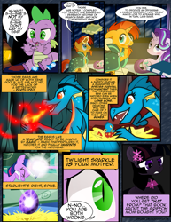 Size: 1275x1650 | Tagged: safe, artist:dsana, character:spike, character:starlight glimmer, character:sunburst, character:twilight sparkle, species:dragon, species:pony, species:unicorn, comic:the shadow shard, baby, baby dragon, comic, dialogue, dragoness, egg, female, filly, filly twilight sparkle, fire, firebreathing, glasses, glowing horn, magic, prone, semi-grimdark series, speech bubble, spike's egg, younger