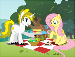 Size: 800x600 | Tagged: safe, artist:flash equestria photography, character:fluttershy, oc, oc:white heart, species:pegasus, species:pony, species:unicorn, cake, canon x oc, carrot, cute, female, flower, food, male, picnic, picnic blanket, sandwich, shipping, straight, tree, whiteshy