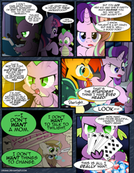 Size: 1275x1650 | Tagged: safe, artist:dsana, character:spike, character:starlight glimmer, character:sunburst, character:twilight sparkle, species:dragon, species:pony, comic:the shadow shard, ace of spades, angry, baby, baby dragon, book, card, comic, dialogue, female, filly, filly twilight sparkle, floppy ears, gem, glasses, jack of spades, king of spades, poker, queen of spades, royal flush, semi-grimdark series, speech bubble, younger