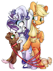 Size: 3749x4961 | Tagged: safe, artist:cutepencilcase, character:applejack, character:opalescence, character:rarity, character:winona, species:dog, species:earth pony, species:pony, species:unicorn, bipedal, bondage, bound together, cat, cute, female, fluffy, horn, leash, mare, silly, silly pony, simple background, standing, tangled up, tied up, transparent background, unsexy bondage