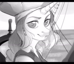 Size: 2486x2160 | Tagged: safe, artist:fensu-san, species:anthro, species:pony, species:unicorn, bust, jack sparrow, looking at you, monochrome, ocean, pirate, pirates of the caribbean, ponified, portrait, ship, sketch, smiling, solo