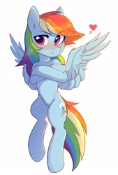 Size: 1460x2160 | Tagged: safe, artist:fensu-san, character:rainbow dash, species:pegasus, species:pony, :t, blushing, crossed arms, cute, dashabetes, female, heart, human shoulders, mare, simple background, solo, tsunderainbow, tsundere, white background
