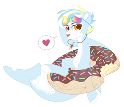 Size: 2128x1834 | Tagged: safe, artist:hawthornss, oc, oc only, oc:ocean park, bedroom eyes, chest fluff, dialogue, ear fluff, heart, inner tube, jewelry, looking at you, necklace, original species, pictogram, scar, shark, shark pony, shark tooth, shark tooth necklace, simple background, smiling, speech bubble, sunglasses, tongue out, transparent background, underhoof