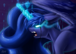 Size: 3500x2500 | Tagged: safe, artist:lrusu, character:princess luna, species:alicorn, species:pony, bleeding, blood, fangs, female, glowing eyes, glowing horn, horn, magic, mare, princess, royalty, solo, sombra eyes, wings