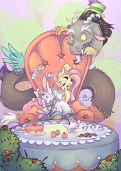 Size: 4961x7016 | Tagged: safe, artist:cutepencilcase, character:angel bunny, character:discord, character:fluttershy, species:draconequus, species:pegasus, species:pony, species:rabbit, absurd resolution, alice in wonderland, cake, chair, clothing, cookie, crossover, cup, cupcake, dress, eyebrows, food, hat, mad hatter, parody, pocket watch, tea, tea party, teacup, teapot