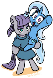 Size: 500x728 | Tagged: safe, artist:foudubulbe, character:maud pie, character:trixie, species:earth pony, species:pony, species:unicorn, comic:damp rocks, ship:mauxie, bipedal, clothing, duo, female, lesbian, lidded eyes, looking at you, mare, shipping, simple background, smiling, suggestive series, transparent background