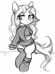 Size: 1600x2160 | Tagged: safe, artist:fensu-san, oc, oc only, species:pony, species:unicorn, boots, clothing, female, mare, monochrome, shoes, sitting, sketch, solo, sweater
