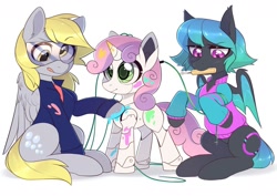 Size: 1280x905 | Tagged: safe, artist:fensu-san, character:derpy hooves, character:sweetie belle, oc, oc:moondrive, species:bat pony, species:pegasus, species:pony, species:unicorn, sweetie bot, bat pony oc, bat wings, blank flank, clothing, cutie mark, derpfest, female, filly, foal, glasses, hooves, horn, jacket, mare, mouth hold, robot, robot pony, screwdriver, simple background, sitting, standing, sweetie bot project, tongue out, white background, wings, wires