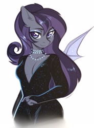 Size: 1586x2160 | Tagged: safe, artist:fensu-san, oc, oc only, species:anthro, species:bat pony, species:pony, absolute cleavage, anthro oc, bat pony oc, black dress, breasts, cleavage, clothing, dress, eyeshadow, female, jewelry, makeup, mare, necklace, pearl necklace, simple background, solo, white background