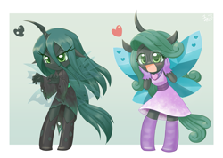 Size: 1407x1000 | Tagged: safe, artist:howxu, character:queen chrysalis, species:anthro, species:changeling, blushing, boots, changeling queen, chibi, clothing, cute, cutealis, dress, duality, glasses, gloves, hands on face, heart, horn, licking, licking lips, reversalis, shoes, skirt, tareme, tongue out, tsurime, wings