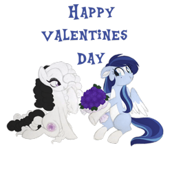 Size: 1024x1024 | Tagged: safe, artist:azure-art-wave, oc, oc only, oc:azure, oc:rose, species:pegasus, species:pony, bouquet, female, flower, hair over one eye, holiday, lesbian, mare, oc x oc, shipping, simple background, smiling, transparent background, valentine's day