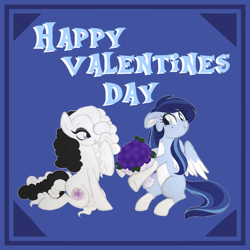 Size: 1024x1024 | Tagged: safe, artist:azure-art-wave, oc, oc only, oc:azure, oc:rose, species:pegasus, species:pony, bouquet, colored wings, female, flower, hair over one eye, holiday, lesbian, mare, multicolored wings, oc x oc, shipping, simple background, smiling, transparent background, valentine, valentine's day, white outline