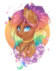 Size: 3040x3836 | Tagged: safe, artist:pvrii, oc, oc only, oc:sunkiss reverie, species:pony, ear piercing, female, flower, looking at you, mare, piercing, simple background, smiling, solo, transparent background