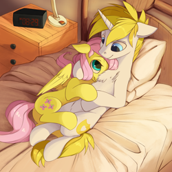 Size: 3000x3000 | Tagged: safe, artist:vistamage, character:fluttershy, oc, oc:white heart, species:pony, species:unicorn, alarm clock, bed, canon x oc, chest fluff, clock, cuddling, cute, female, hug, male, shipping, straight, whiteshy, ych result