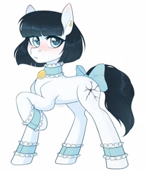 Size: 1817x2160 | Tagged: safe, artist:fensu-san, oc, oc only, species:earth pony, species:pony, blushing, bow, ear piercing, earring, female, frilly, jewelry, mare, piercing, raised hoof, simple background, solo, tail bow, white background