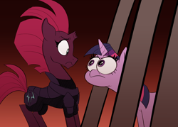 Size: 1212x866 | Tagged: safe, artist:mickeymonster, character:tempest shadow, character:twilight sparkle, character:twilight sparkle (alicorn), species:alicorn, species:pony, species:unicorn, my little pony: the movie (2017), angry, armor, broken horn, cage, eye contact, eye scar, female, frown, glare, gradient background, impossibly large eyes, looking at each other, mare, meme, my brand, open up your *very* eyes, open up your eyes, ponified meme, revenge, role reversal, scar, special eyes, staring contest, wide eyes