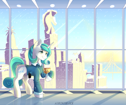 Size: 3777x3159 | Tagged: safe, artist:airiniblock, rcf community, oc, oc only, species:pony, species:unicorn, bridge, city, clothing, coffee, commission, crystaller building, cup, female, hoof hold, manehattan, mare, snow, solo, window, winter