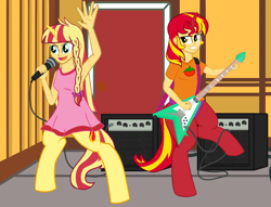 Size: 5486x4182 | Tagged: safe, artist:oneovertwo, oc, oc only, oc:evenfall, oc:eventide, parent:sunset shimmer, satyr, absurd resolution, armpits, guitar, microphone, offspring