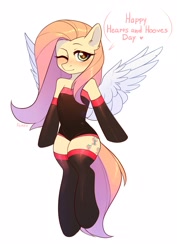 Size: 1528x2160 | Tagged: safe, artist:fensu-san, character:fluttershy, species:pegasus, species:pony, episode:hearts and hooves day, g4, my little pony: friendship is magic, blushing, clothing, cute, fate/stay night, female, flying, mare, one eye closed, rider, semi-anthro, shyabetes, simple background, socks, solo, speech, white background, wink