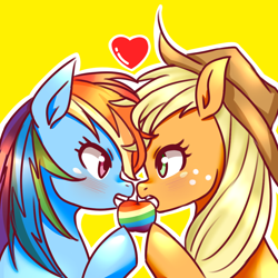 Size: 1000x1000 | Tagged: safe, artist:raika0306, character:applejack, character:rainbow dash, species:pony, ship:appledash, apple, blushing, clothing, cowboy hat, female, food, hat, heart, lesbian, looking at each other, mare, mouth hold, multicolored hair, shipping, simple background, stetson, yellow background, zap apple