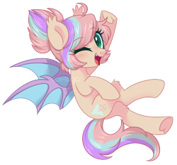 Size: 2345x2177 | Tagged: safe, artist:hawthornss, oc, oc:sweet skies, species:bat pony, bat pony oc, chest fluff, cute, cute little fangs, ear fluff, fangs, lightly watermarked, looking at you, one eye closed, open mouth, simple background, transparent background, underhoof, watermark, wink