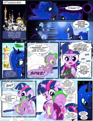 Size: 1275x1650 | Tagged: safe, artist:dsana, character:king sombra, character:princess luna, character:spike, character:starlight glimmer, character:sunburst, character:twilight sparkle, species:alicorn, species:dragon, species:pony, species:unicorn, comic:the shadow shard, angry, canterlot, clothing, comic, crying, dialogue, dream, dream walker luna, female, filly, filly twilight sparkle, glowing horn, scarf, semi-grimdark series, snow, sombra eyes, speech bubble, younger