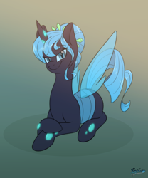Size: 2500x3000 | Tagged: safe, artist:fluffyxai, oc, oc only, oc:queen polistae, species:changeling, abstract background, bedroom eyes, blue changeling, calm, changeling oc, changeling queen, changeling queen oc, curly tail, female, forelegs crossed, gradient background, hair bun, looking at you, prone, sitting, smiling, smirk, solo